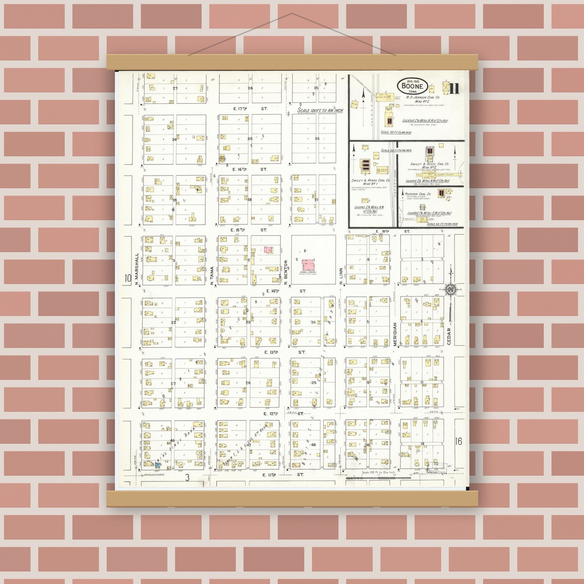 Old map wall art mockup — magnetic wood frame on brick wall — Sanborn Fire Insurance Map from Boone, Boone County, Iowa (1916), Sheet #0011