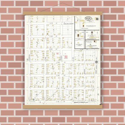 Old map wall art mockup — magnetic wood frame on brick wall — Sanborn Fire Insurance Map from Boone, Boone County, Iowa (1916), Sheet #0011