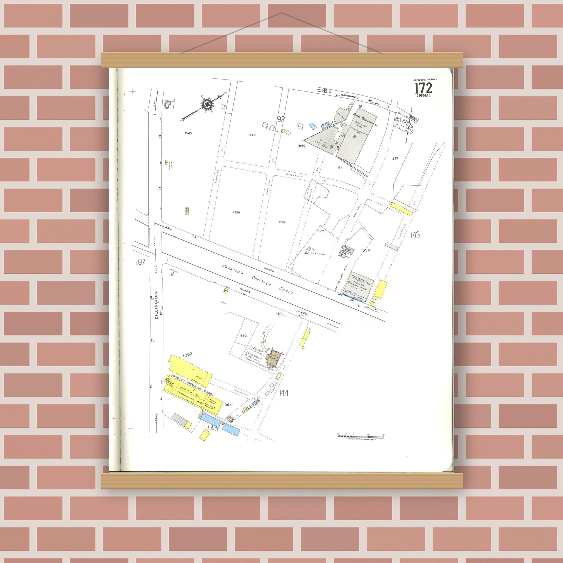 Old map wall art mockup — magnetic wood frame on brick wall — Sanborn Fire Insurance Map from Honolulu, Oahu County, Hawaii (1955), Sheet #0172