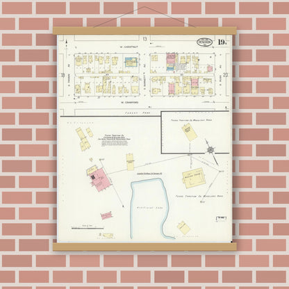 Old map wall art mockup — magnetic wood frame on brick wall — Sanborn Fire Insurance Map from Denison, Grayson County, Texas (1914), Sheet #0019