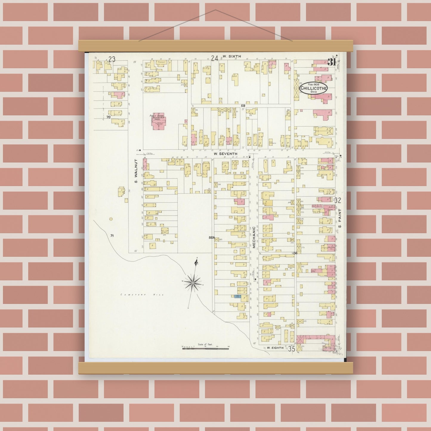 Old map wall art mockup — magnetic wood frame on brick wall — Sanborn Fire Insurance Map from Chillicothe, Ross County, Ohio (1909), Sheet #0031