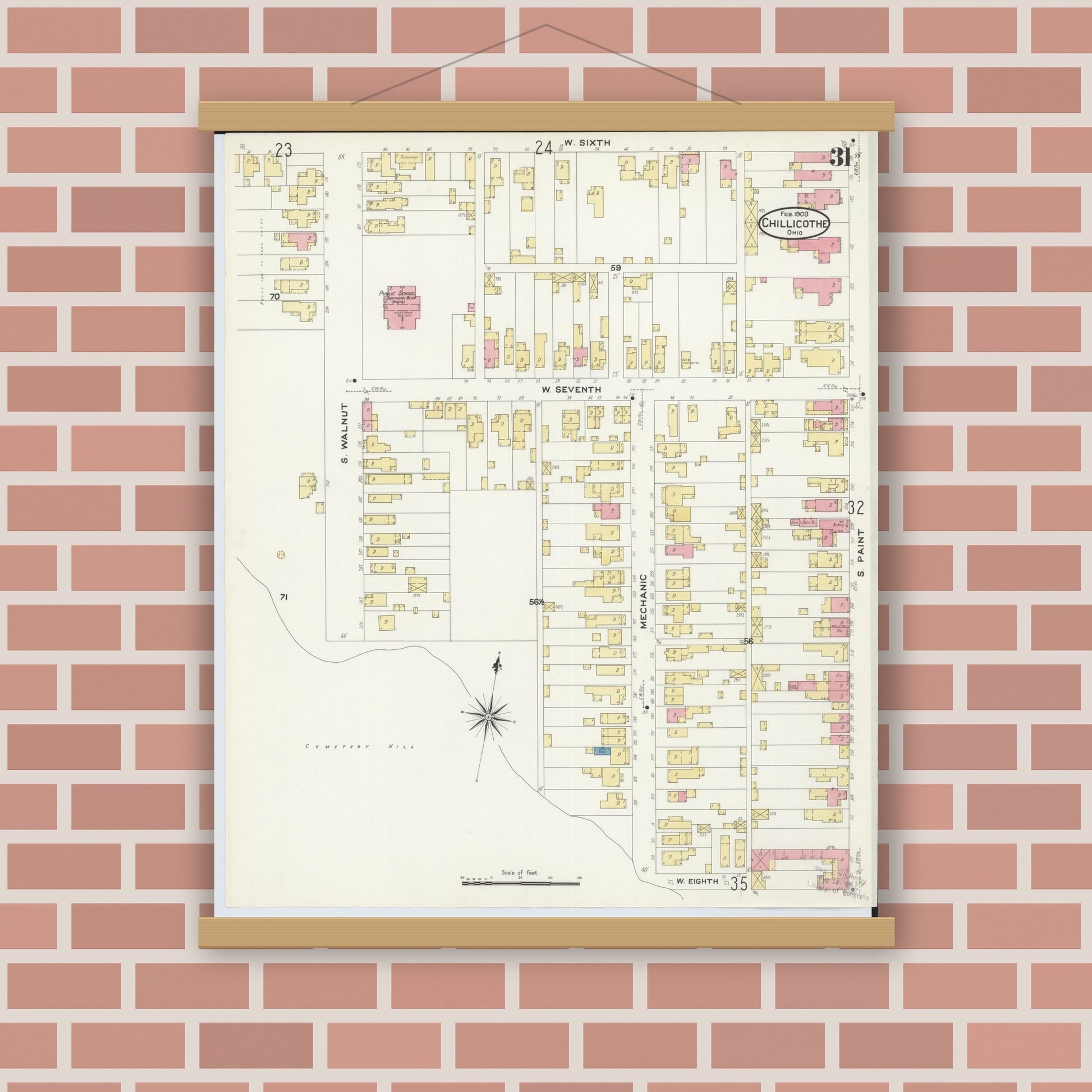 Old map wall art mockup — magnetic wood frame on brick wall — Sanborn Fire Insurance Map from Chillicothe, Ross County, Ohio (1909), Sheet #0031
