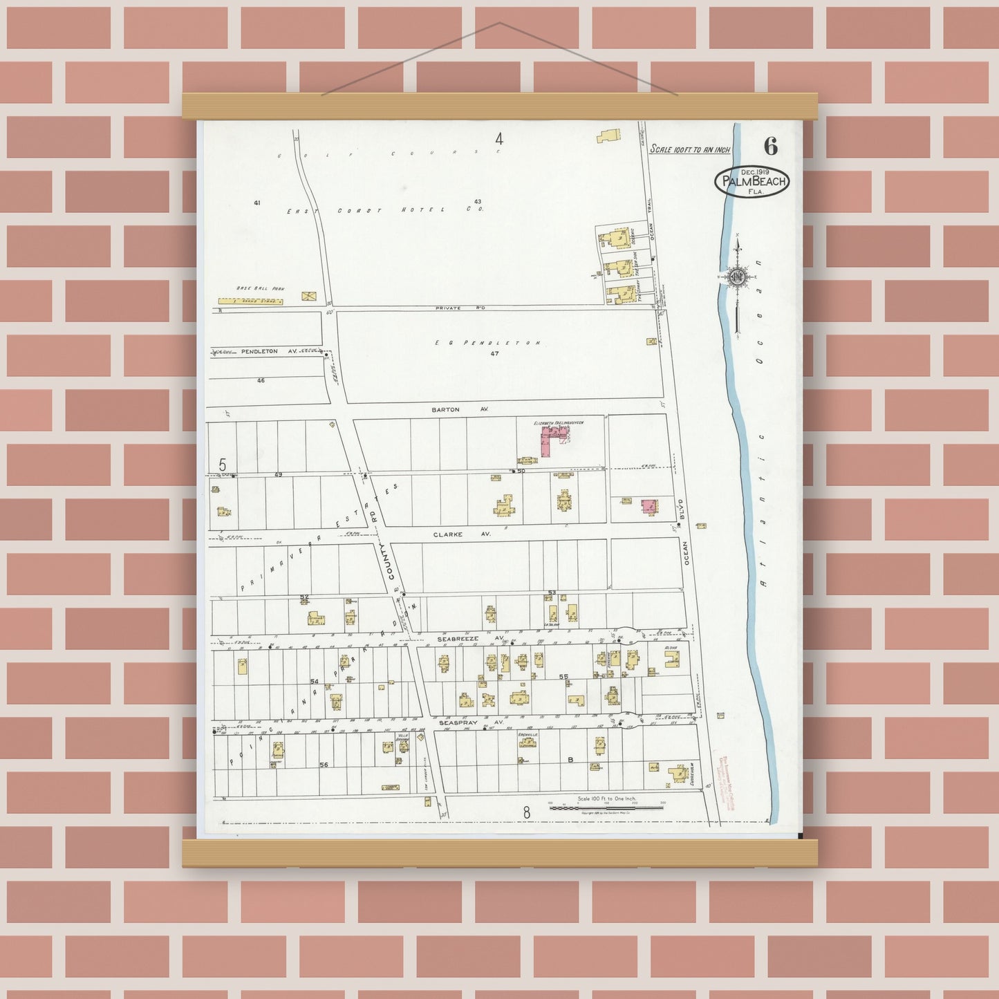Old map wall art mockup — magnetic wood frame on brick wall — Sanborn Fire Insurance Map from Palm Beach, Palm Beach County, Florida (1919), Sheet #0006