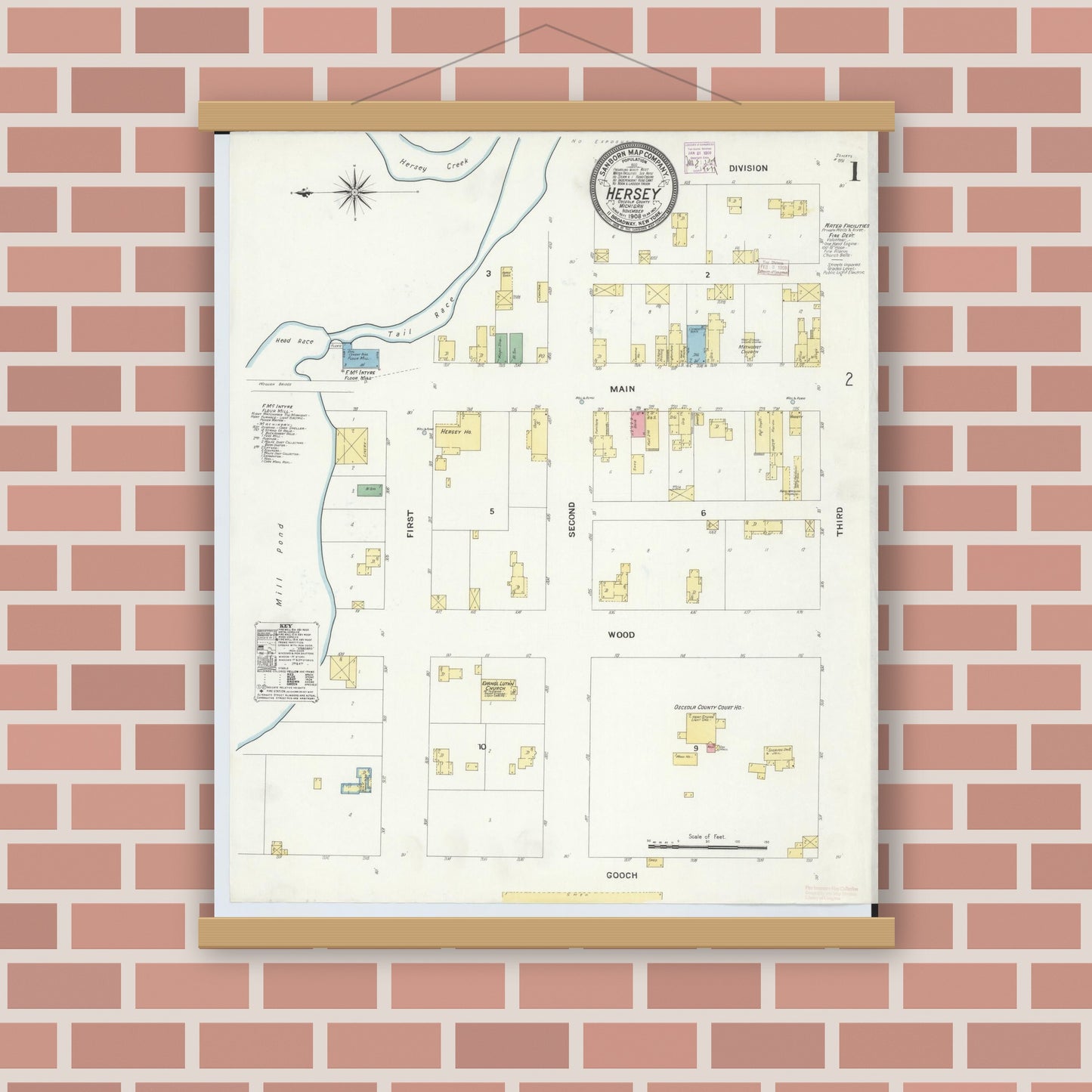 Old map wall art mockup — magnetic wood frame on brick wall — Sanborn Fire Insurance Map from Hersey, Osceola County, Michigan (1908) - Complete Map Set