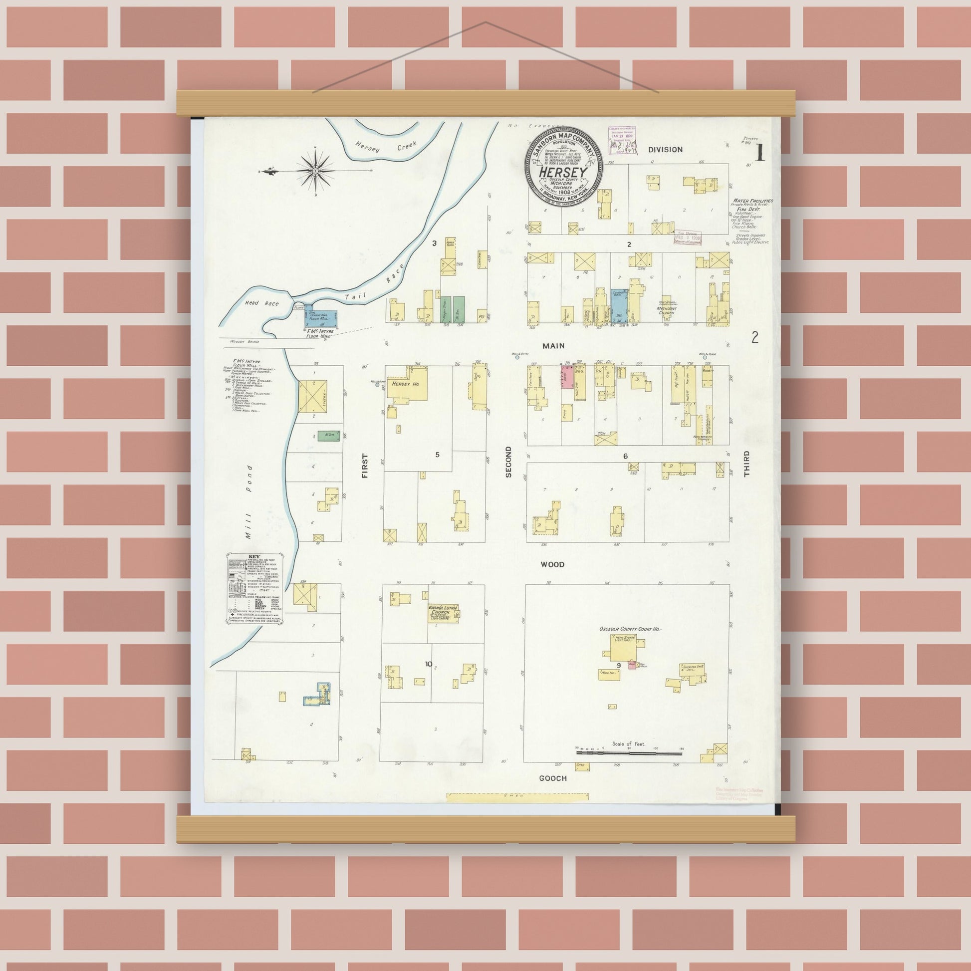 Old map wall art mockup — magnetic wood frame on brick wall — Sanborn Fire Insurance Map from Hersey, Osceola County, Michigan (1908) - Complete Map Set
