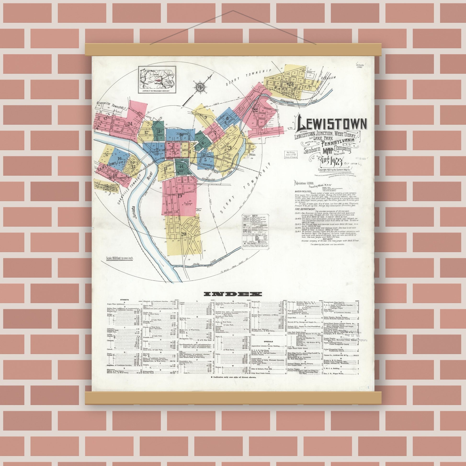 Old map wall art mockup — magnetic wood frame on brick wall — Sanborn Fire Insurance Map from Lewistown, Mifflin County, Pennsylvania (1923) - Complete Map Set