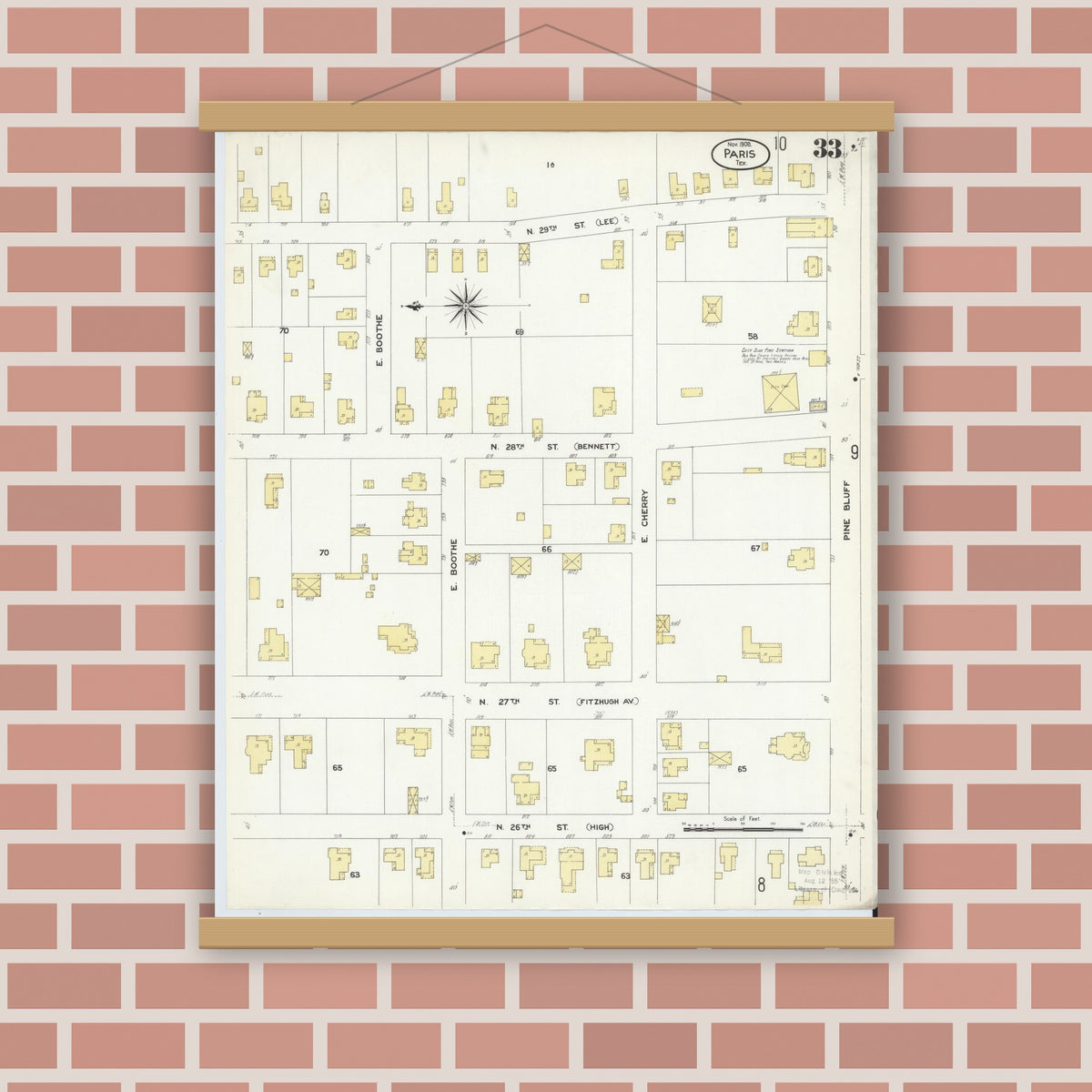 Old map wall art mockup — magnetic wood frame on brick wall — Sanborn Fire Insurance Map from Paris, Lamar County, Texas (1908), Sheet #0033