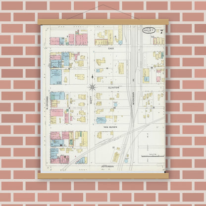Old map wall art mockup — magnetic wood frame on brick wall — Sanborn Fire Insurance Map from Joliet, Will County, Illinois (1891), Sheet #0007