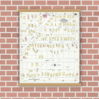 Old map wall art mockup — magnetic wood frame on brick wall — Sanborn Fire Insurance Map from Freeport, Stephenson County, Illinois (1910), Sheet #0030