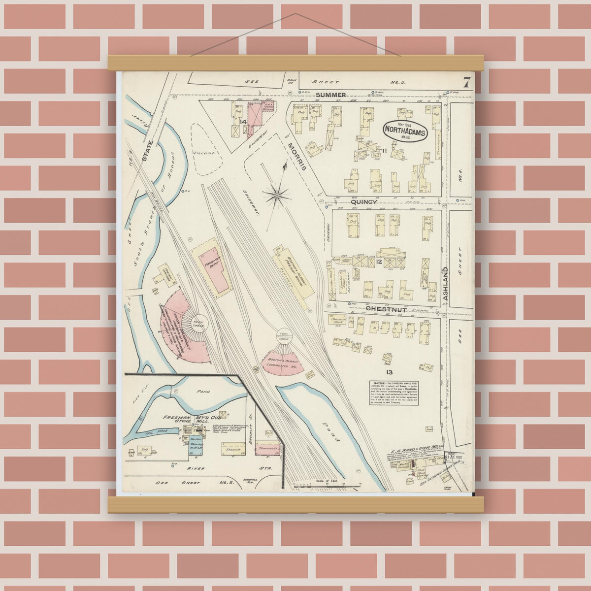 Old map wall art mockup — magnetic wood frame on brick wall — Sanborn Fire Insurance Map from North Adams, Berkshire County, Massachusetts (1884), Sheet #0007