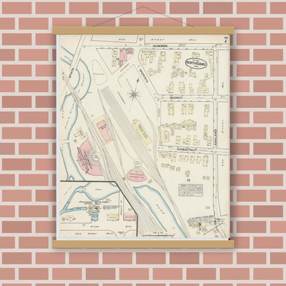 Old map wall art mockup — magnetic wood frame on brick wall — Sanborn Fire Insurance Map from North Adams, Berkshire County, Massachusetts (1884), Sheet #0007