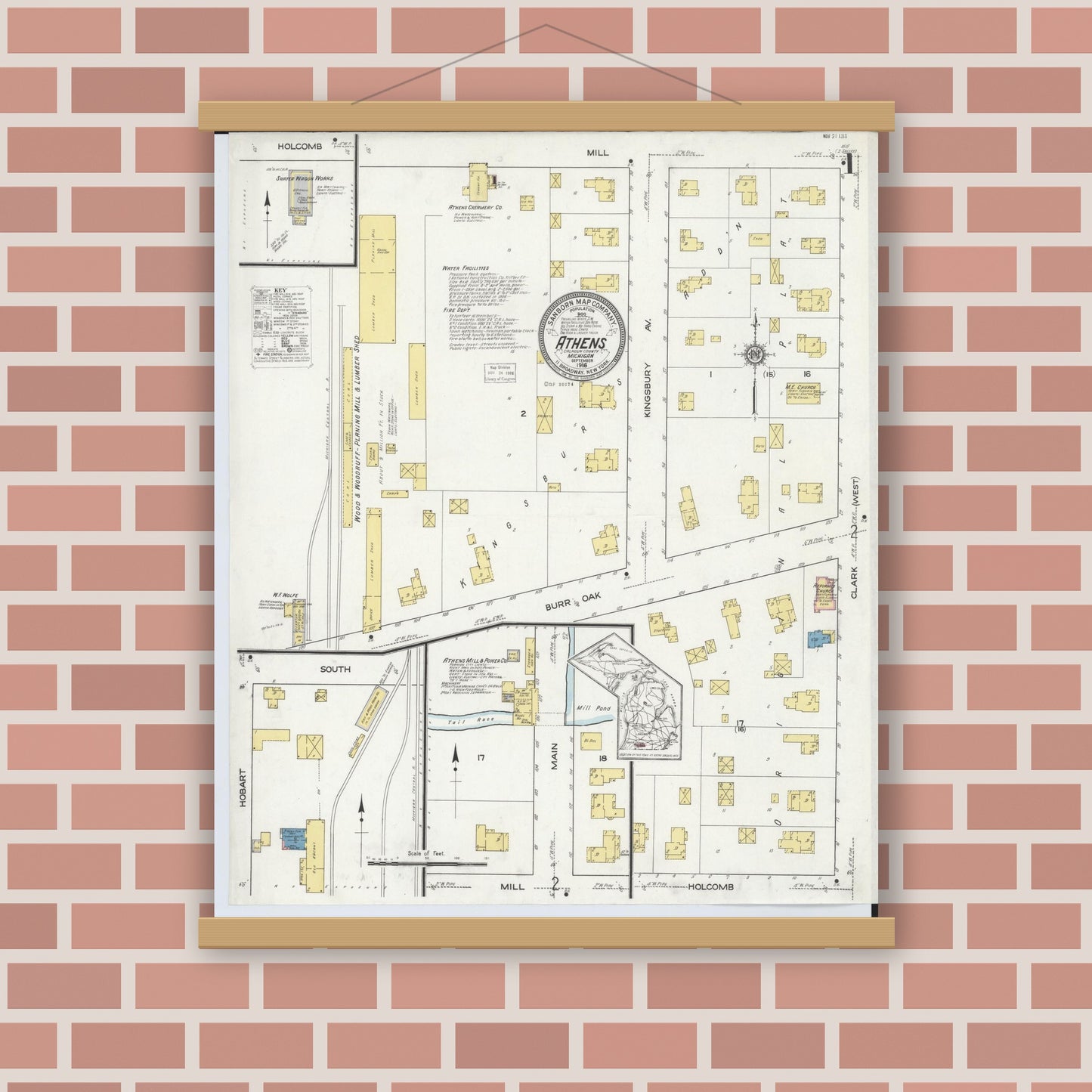 Old map wall art mockup — magnetic wood frame on brick wall — Sanborn Fire Insurance Map from Athens, Calhoun County, Michigan (1916), Sheet #0001