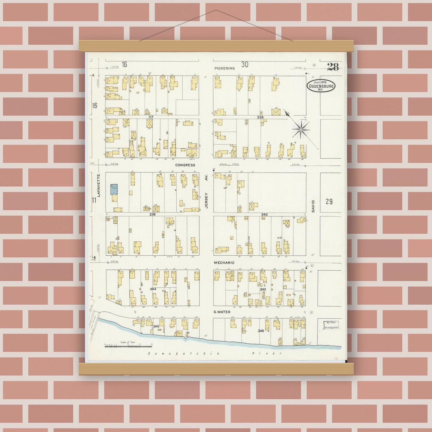Old map wall art mockup — magnetic wood frame on brick wall — Sanborn Fire Insurance Map from Ogdensburg, St. Lawrence County, New York (1909), Sheet #0028