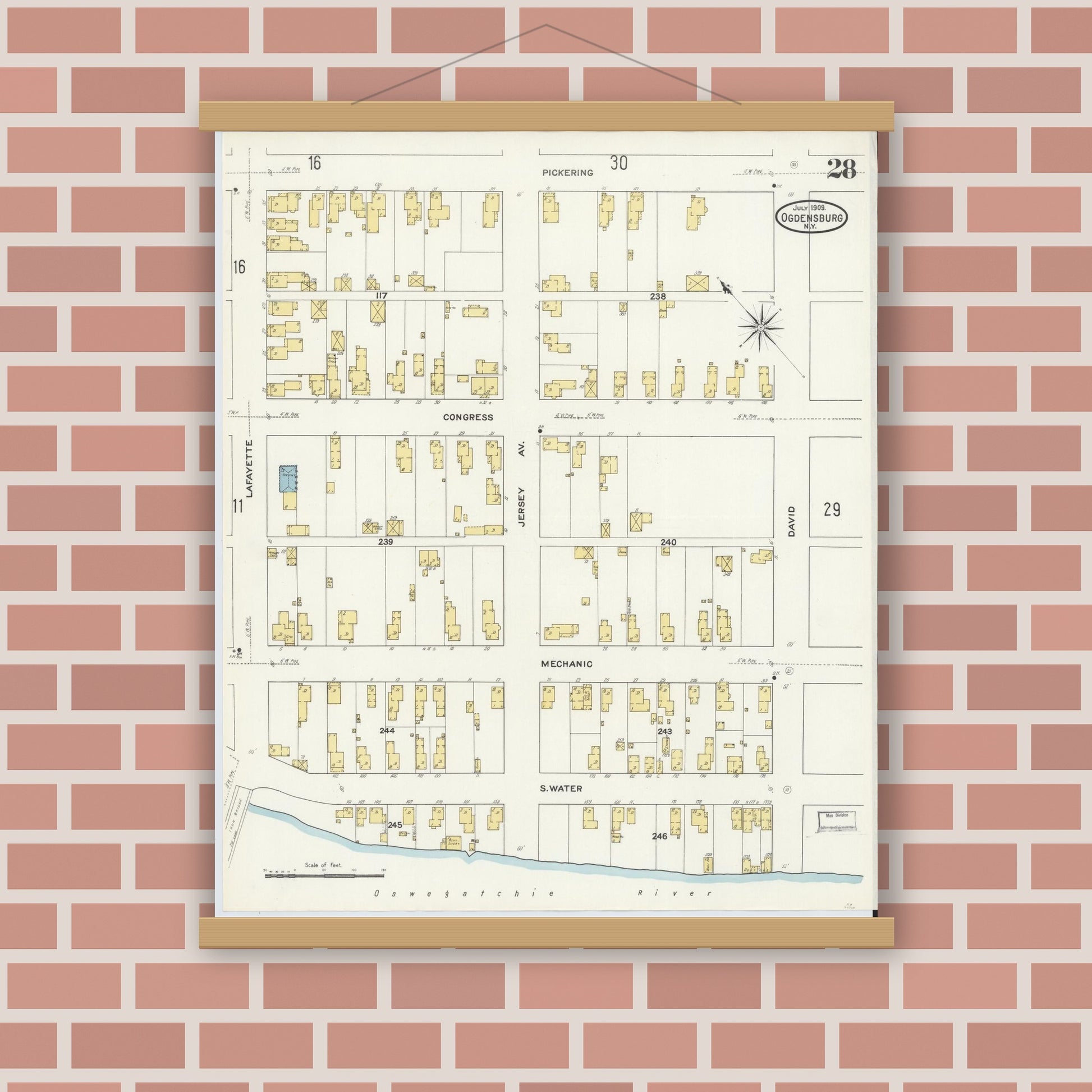 Old map wall art mockup — magnetic wood frame on brick wall — Sanborn Fire Insurance Map from Ogdensburg, St. Lawrence County, New York (1909), Sheet #0028