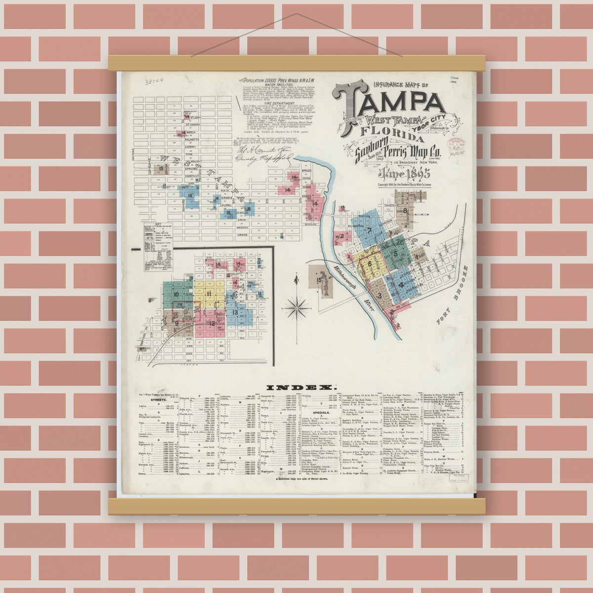 Old map wall art mockup — magnetic wood frame on brick wall — Sanborn Fire Insurance Map from Tampa, Hillsborough County, Florida (1895), Sheet #0005