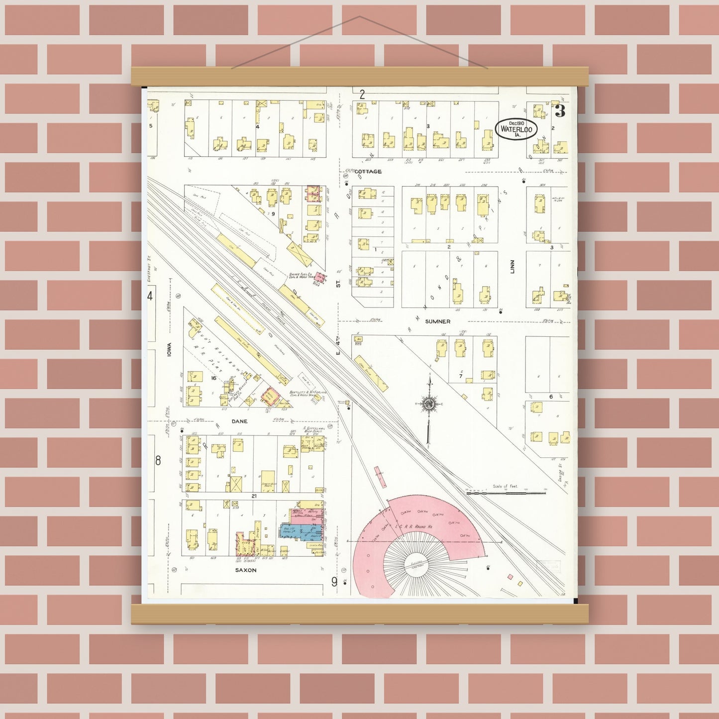 Old map wall art mockup — magnetic wood frame on brick wall — Sanborn Fire Insurance Map from Waterloo, Black Hawk County, Iowa (1910), Sheet #0003