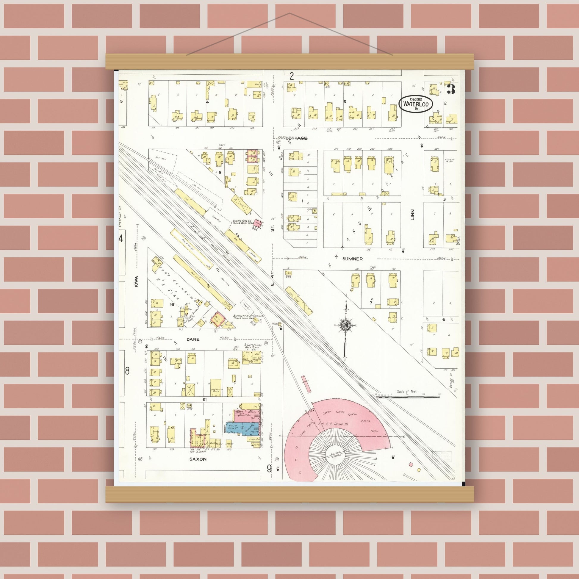 Old map wall art mockup — magnetic wood frame on brick wall — Sanborn Fire Insurance Map from Waterloo, Black Hawk County, Iowa (1910), Sheet #0003