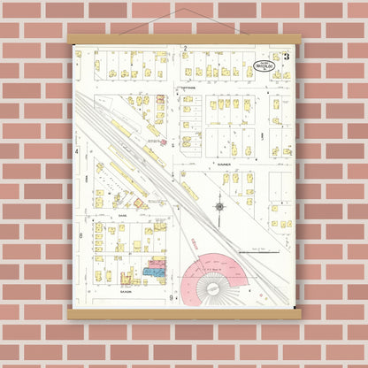 Old map wall art mockup — magnetic wood frame on brick wall — Sanborn Fire Insurance Map from Waterloo, Black Hawk County, Iowa (1910), Sheet #0003