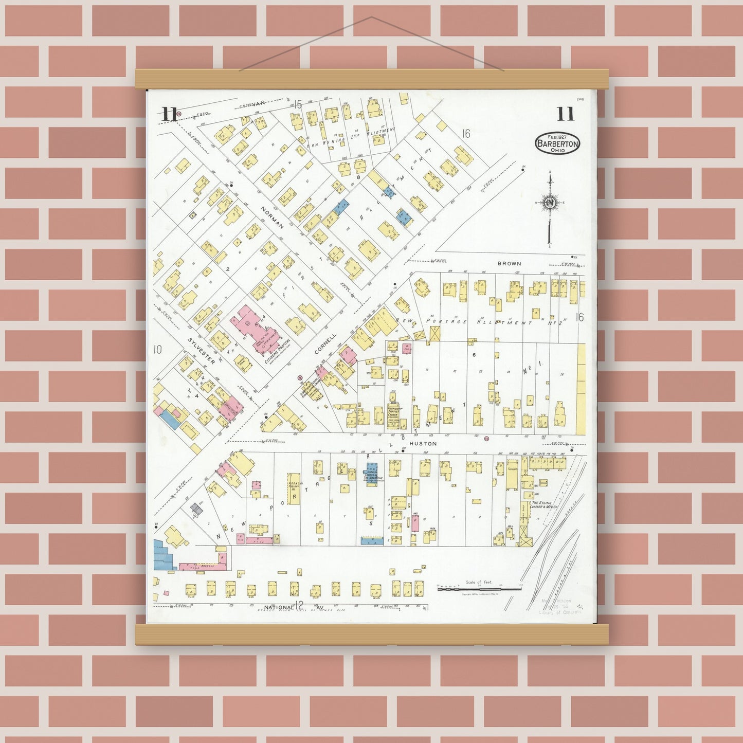 Old map wall art mockup — magnetic wood frame on brick wall — Sanborn Fire Insurance Map from Barberton, Summit County, Ohio (1927), Sheet #0011