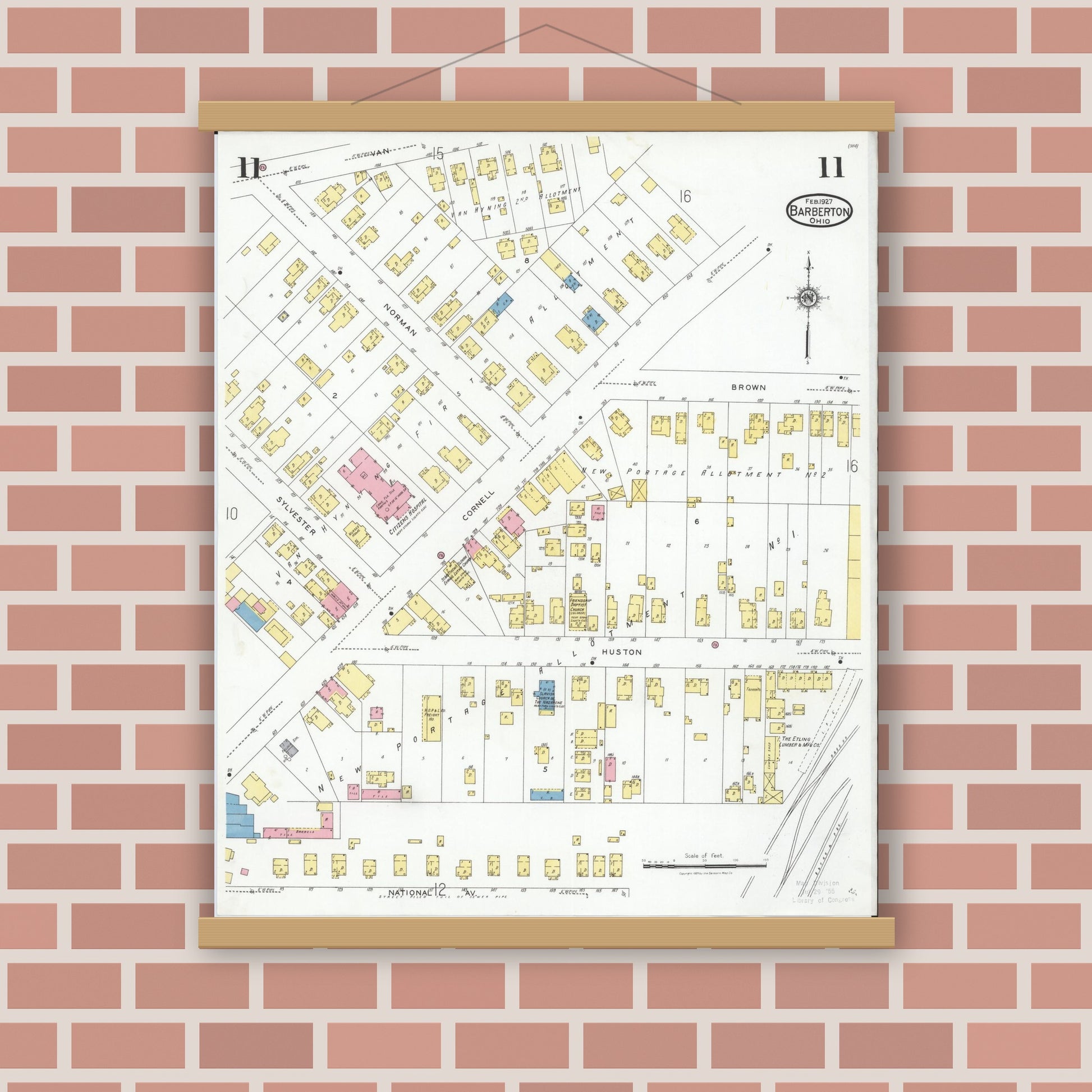 Old map wall art mockup — magnetic wood frame on brick wall — Sanborn Fire Insurance Map from Barberton, Summit County, Ohio (1927), Sheet #0011