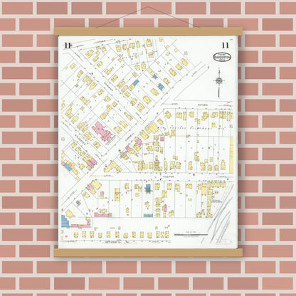 Old map wall art mockup — magnetic wood frame on brick wall — Sanborn Fire Insurance Map from Barberton, Summit County, Ohio (1927), Sheet #0011