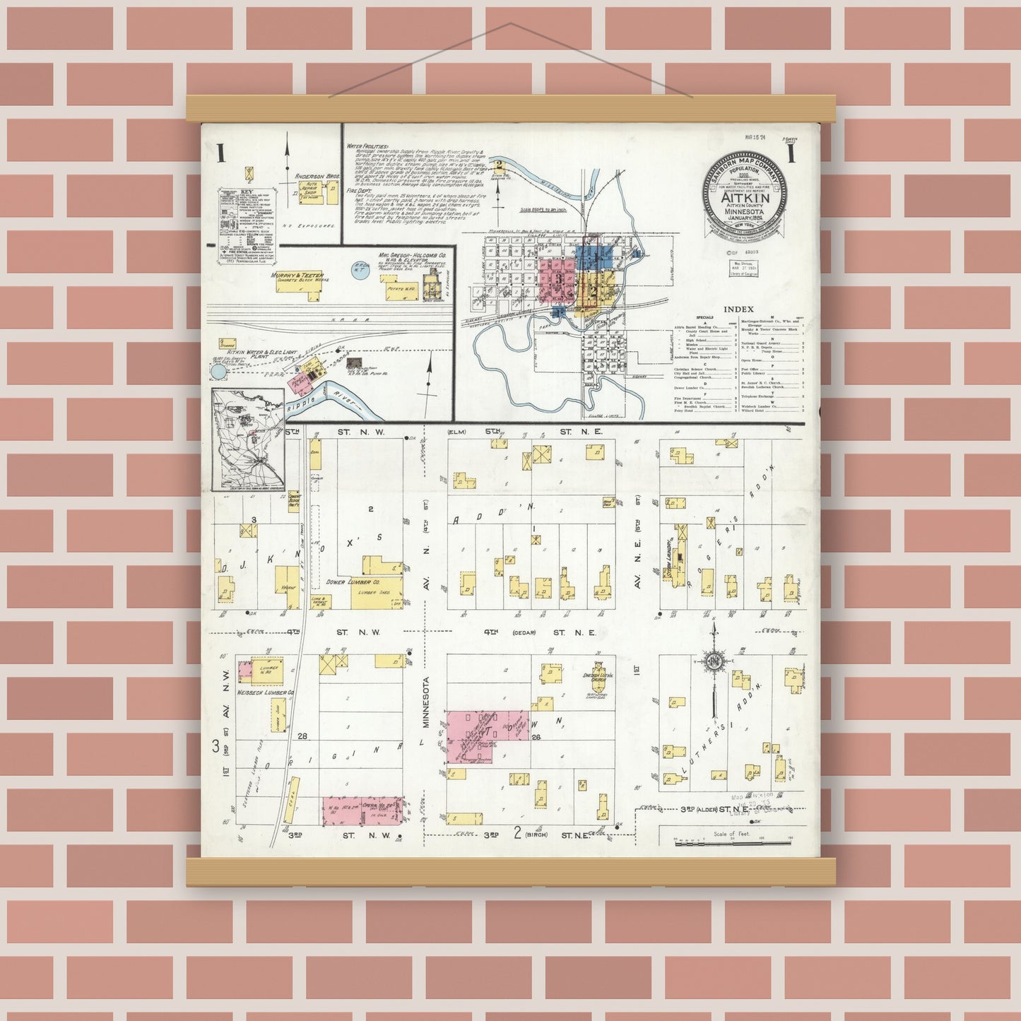 Old map wall art mockup — magnetic wood frame on brick wall — Sanborn Fire Insurance Map from Aitkin, Aitkin County, Minnesota (1924), Sheet #0001