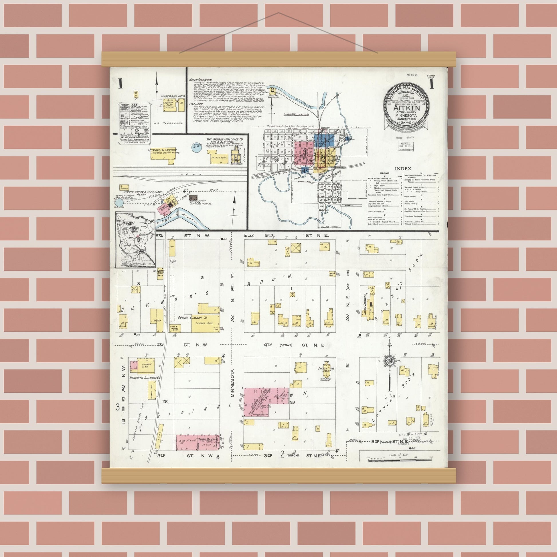 Old map wall art mockup — magnetic wood frame on brick wall — Sanborn Fire Insurance Map from Aitkin, Aitkin County, Minnesota (1924), Sheet #0001