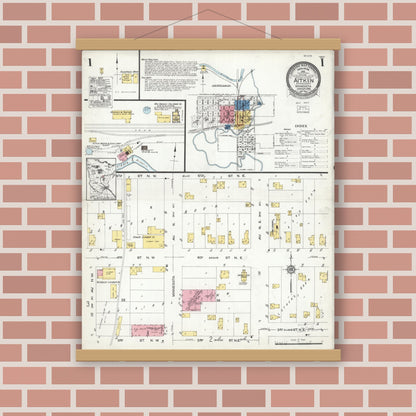 Old map wall art mockup — magnetic wood frame on brick wall — Sanborn Fire Insurance Map from Aitkin, Aitkin County, Minnesota (1924), Sheet #0001
