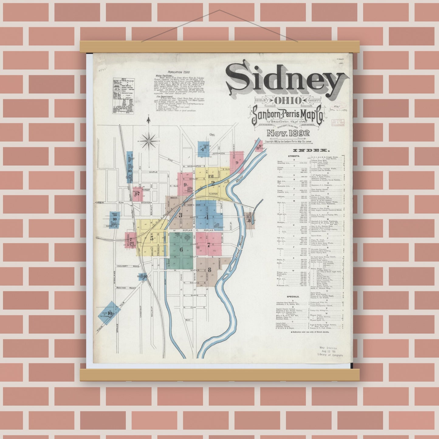 Old map wall art mockup — magnetic wood frame on brick wall — Sanborn Fire Insurance Map from Sidney, Shelby County, Ohio (1892), Sheet #0001