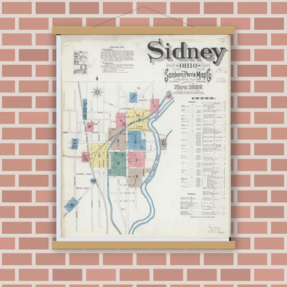 Old map wall art mockup — magnetic wood frame on brick wall — Sanborn Fire Insurance Map from Sidney, Shelby County, Ohio (1892), Sheet #0001