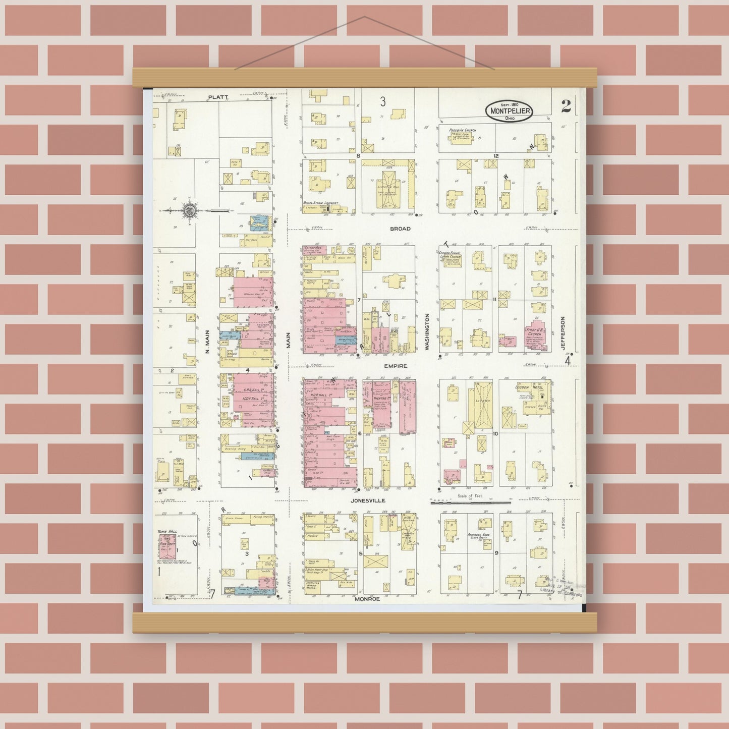 Old map wall art mockup — magnetic wood frame on brick wall — Sanborn Fire Insurance Map from Montpelier, Williams County, Ohio (1910), Sheet #0002