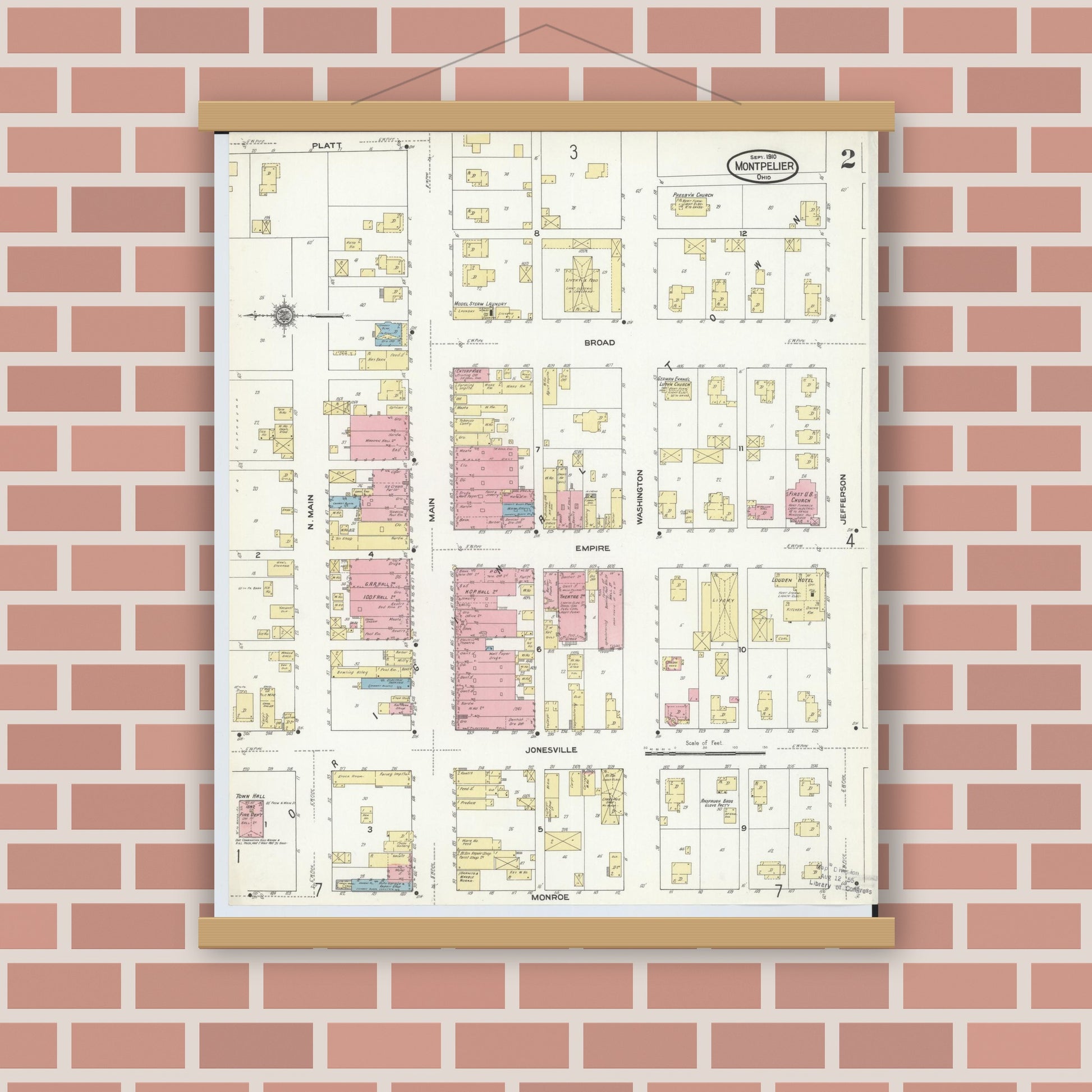 Old map wall art mockup — magnetic wood frame on brick wall — Sanborn Fire Insurance Map from Montpelier, Williams County, Ohio (1910), Sheet #0002