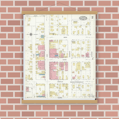Old map wall art mockup — magnetic wood frame on brick wall — Sanborn Fire Insurance Map from Montpelier, Williams County, Ohio (1910), Sheet #0002