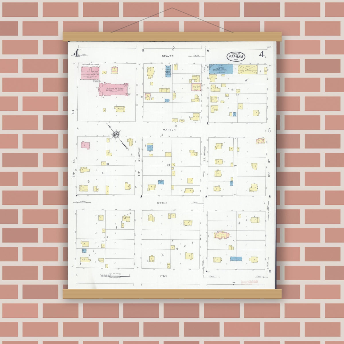 Old map wall art mockup — magnetic wood frame on brick wall — Sanborn Fire Insurance Map from Perham, Otter Tail County, Minnesota (1929), Sheet #0004