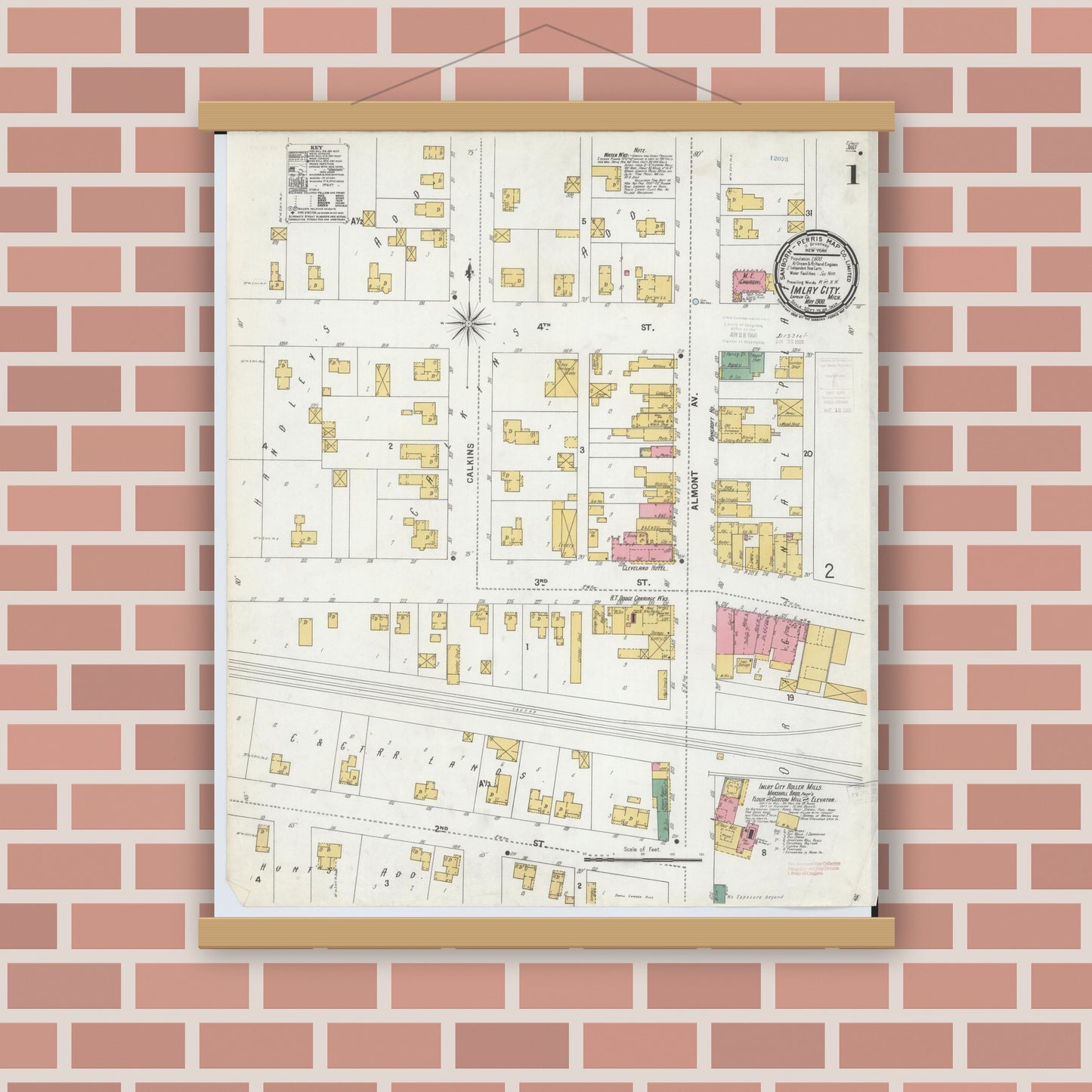 Old map wall art mockup — magnetic wood frame on brick wall — Sanborn Fire Insurance Map from Imlay City, Lapeer County, Michigan (1900) - Complete Map Set