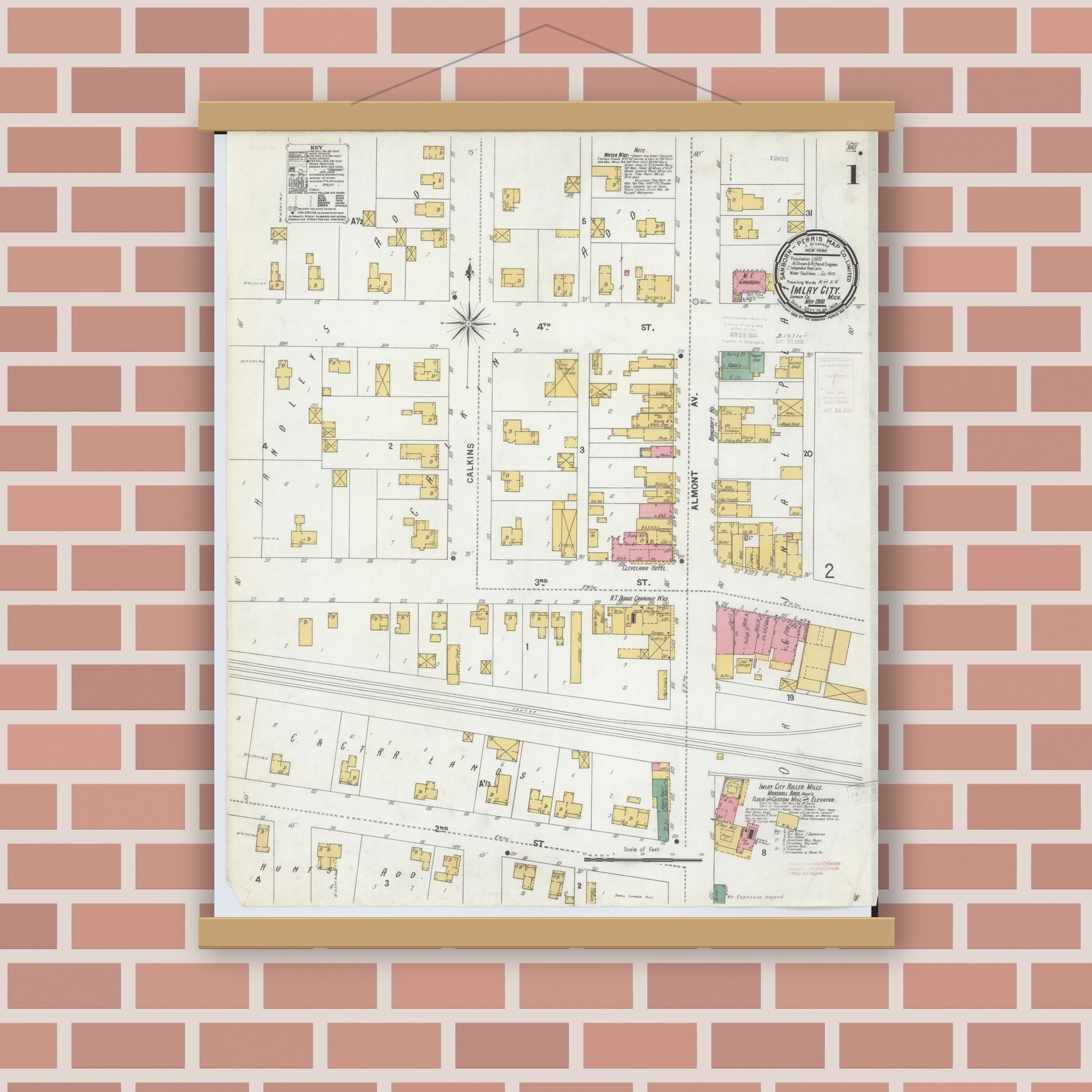 Old map wall art mockup — magnetic wood frame on brick wall — Sanborn Fire Insurance Map from Imlay City, Lapeer County, Michigan (1900) - Complete Map Set