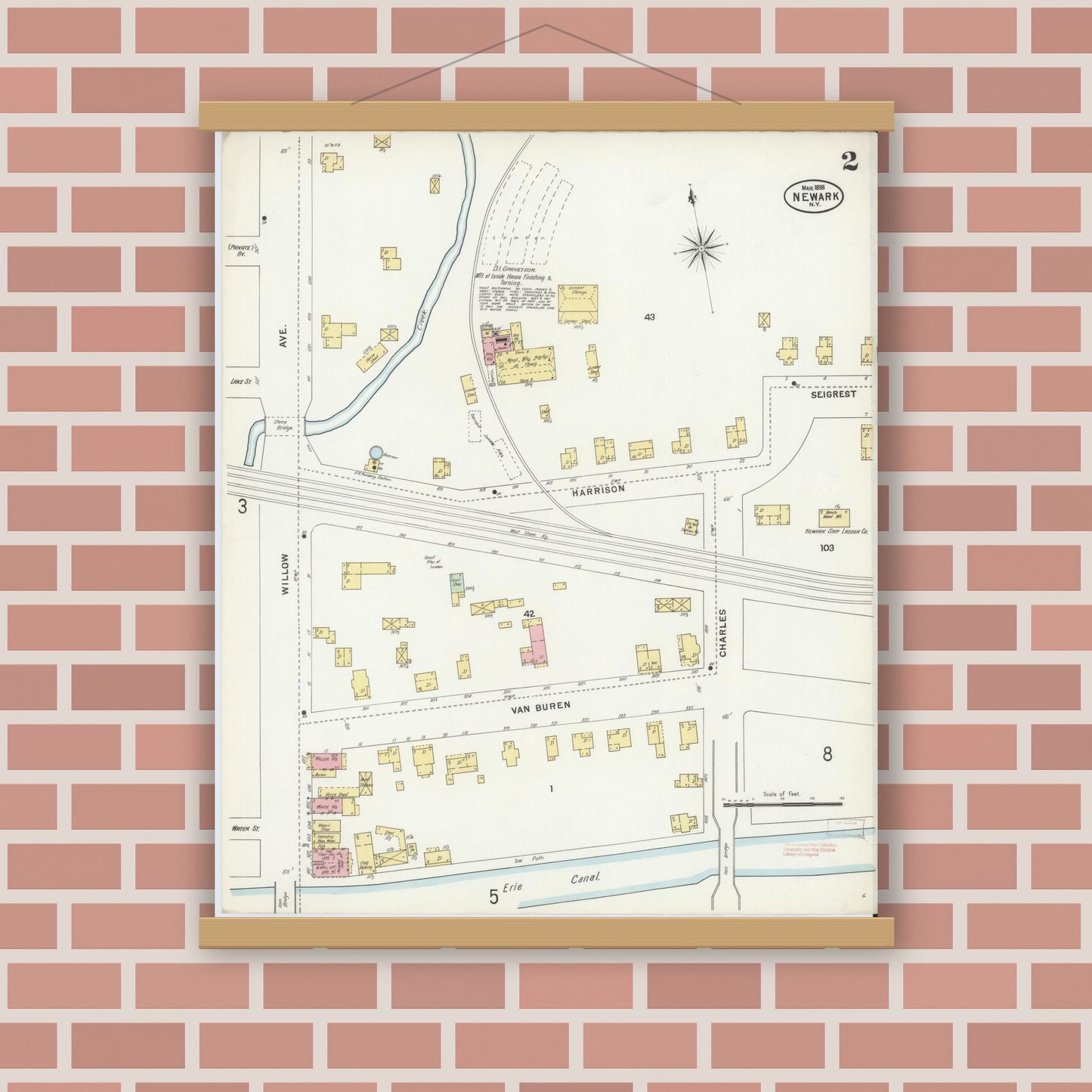 Old map wall art mockup — magnetic wood frame on brick wall — Sanborn Fire Insurance Map from Newark, Wayne County, New York (1898), Sheet #0002