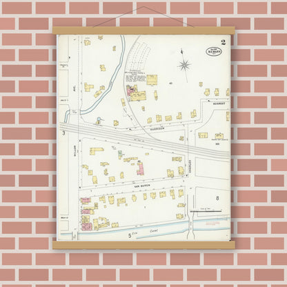 Old map wall art mockup — magnetic wood frame on brick wall — Sanborn Fire Insurance Map from Newark, Wayne County, New York (1898), Sheet #0002