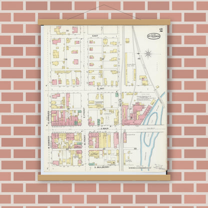 Old map wall art mockup — magnetic wood frame on brick wall — Sanborn Fire Insurance Map from Mount Vernon, Knox County, Ohio (1892), Sheet #0002