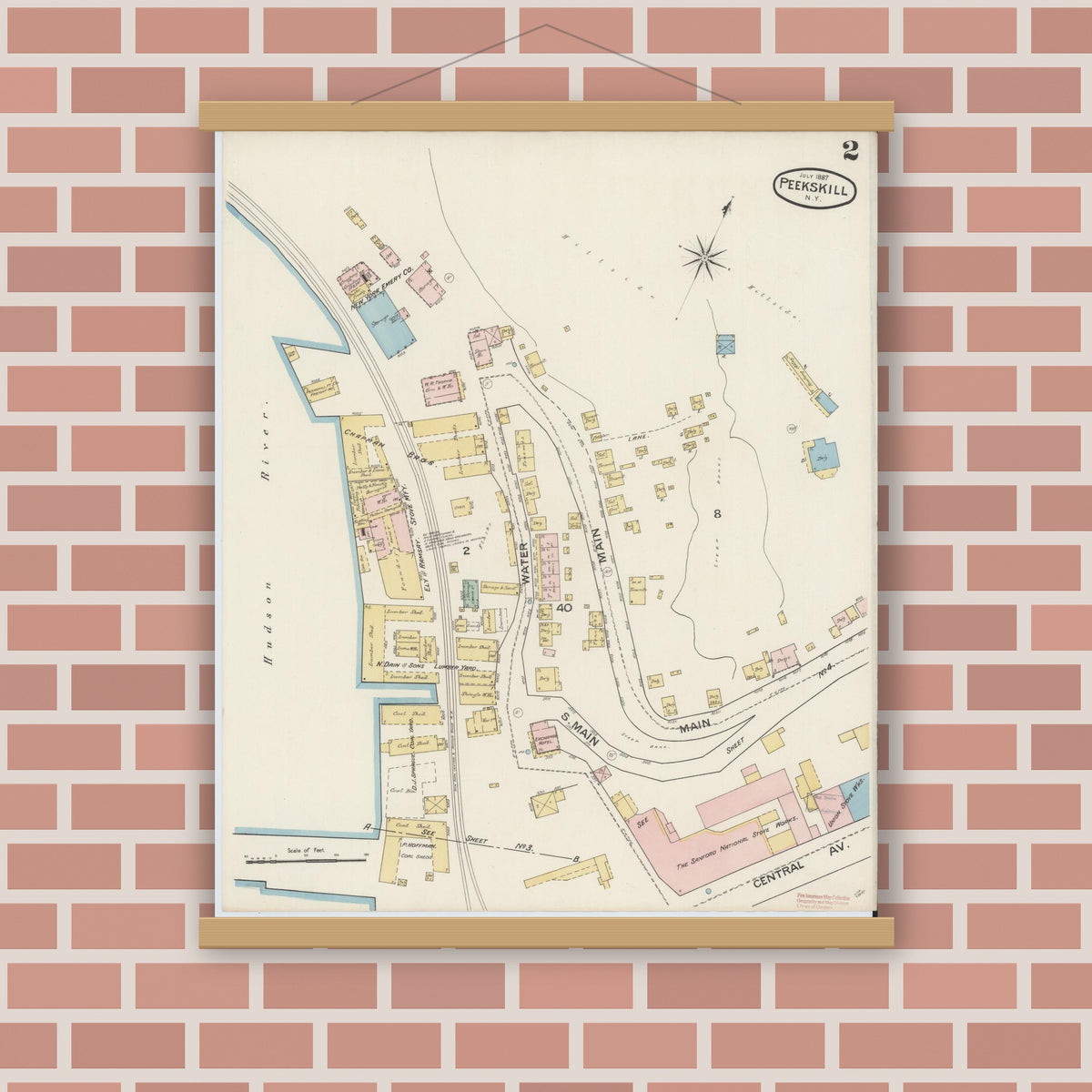 Old map wall art mockup — magnetic wood frame on brick wall — Sanborn Fire Insurance Map from Peekskill, Westchester County, New York (1887), Sheet #0002