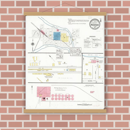 Old map wall art mockup — magnetic wood frame on brick wall — Sanborn Fire Insurance Map from Rockford, Floyd County, Iowa (1918) â€” Complete Set