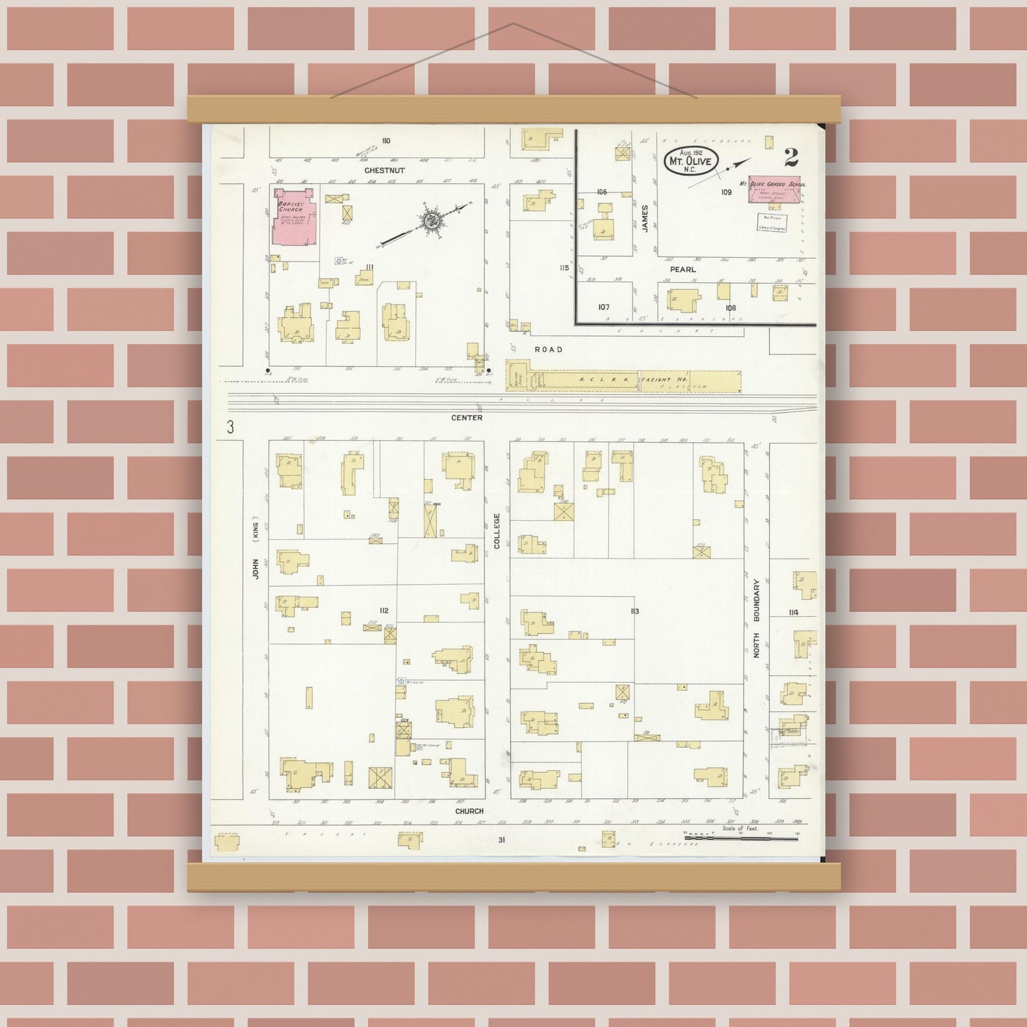 Old map wall art mockup — magnetic wood frame on brick wall — Sanborn Fire Insurance Map from Mount Olive, Wayne County, North Carolina (1912), Sheet #0002