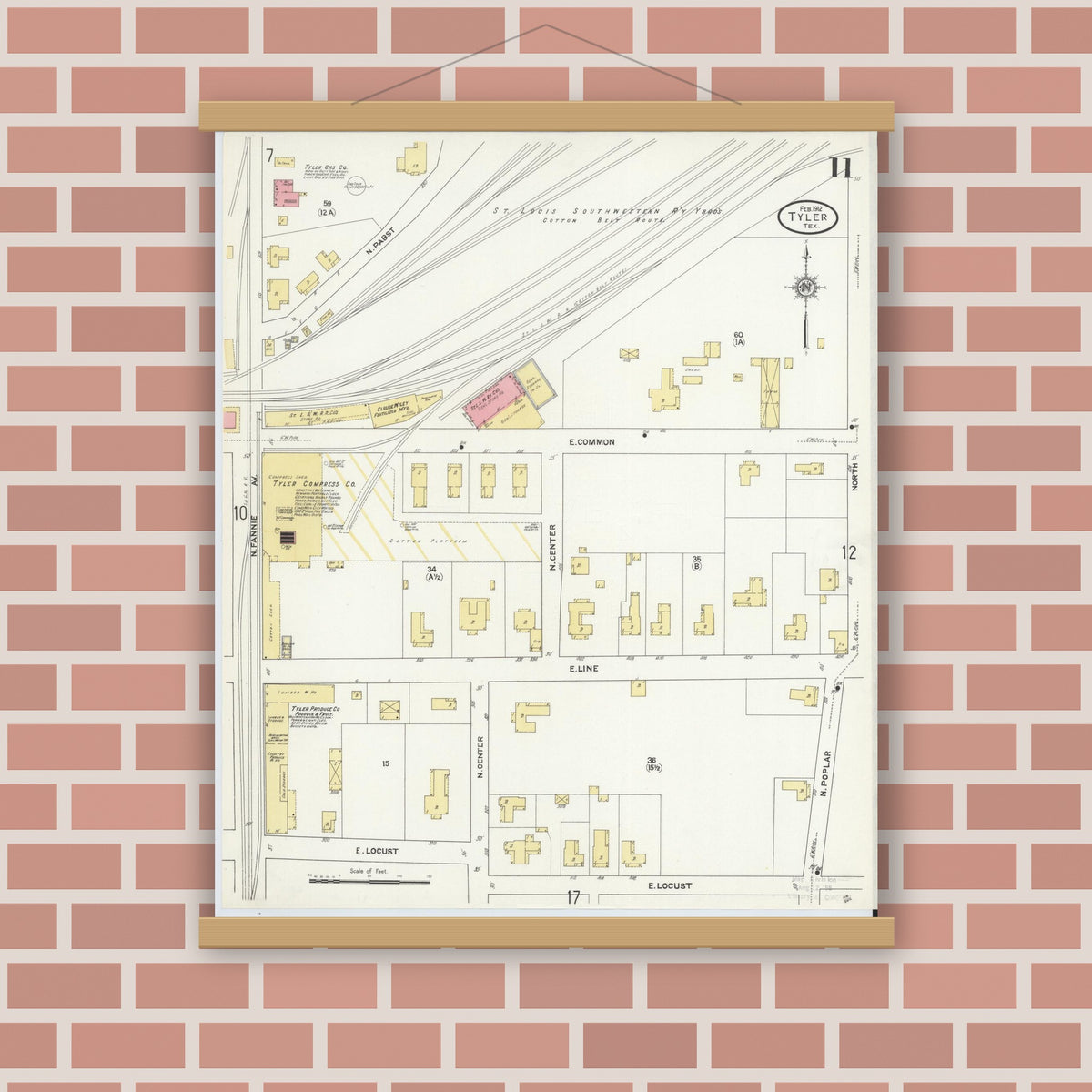 Old map wall art mockup — magnetic wood frame on brick wall — Sanborn Fire Insurance Map from Tyler, Smith County, Texas (1912), Sheet #0011