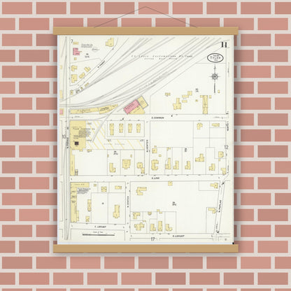 Old map wall art mockup — magnetic wood frame on brick wall — Sanborn Fire Insurance Map from Tyler, Smith County, Texas (1912), Sheet #0011