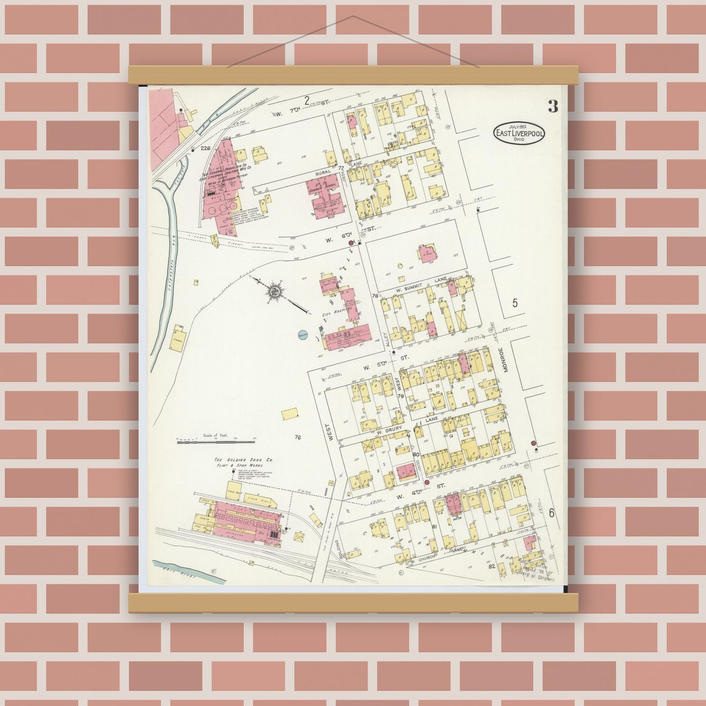 Old map wall art mockup — magnetic wood frame on brick wall — Sanborn Fire Insurance Map from East Liverpool, Columbiana County, Ohio (1913), Sheet #0003