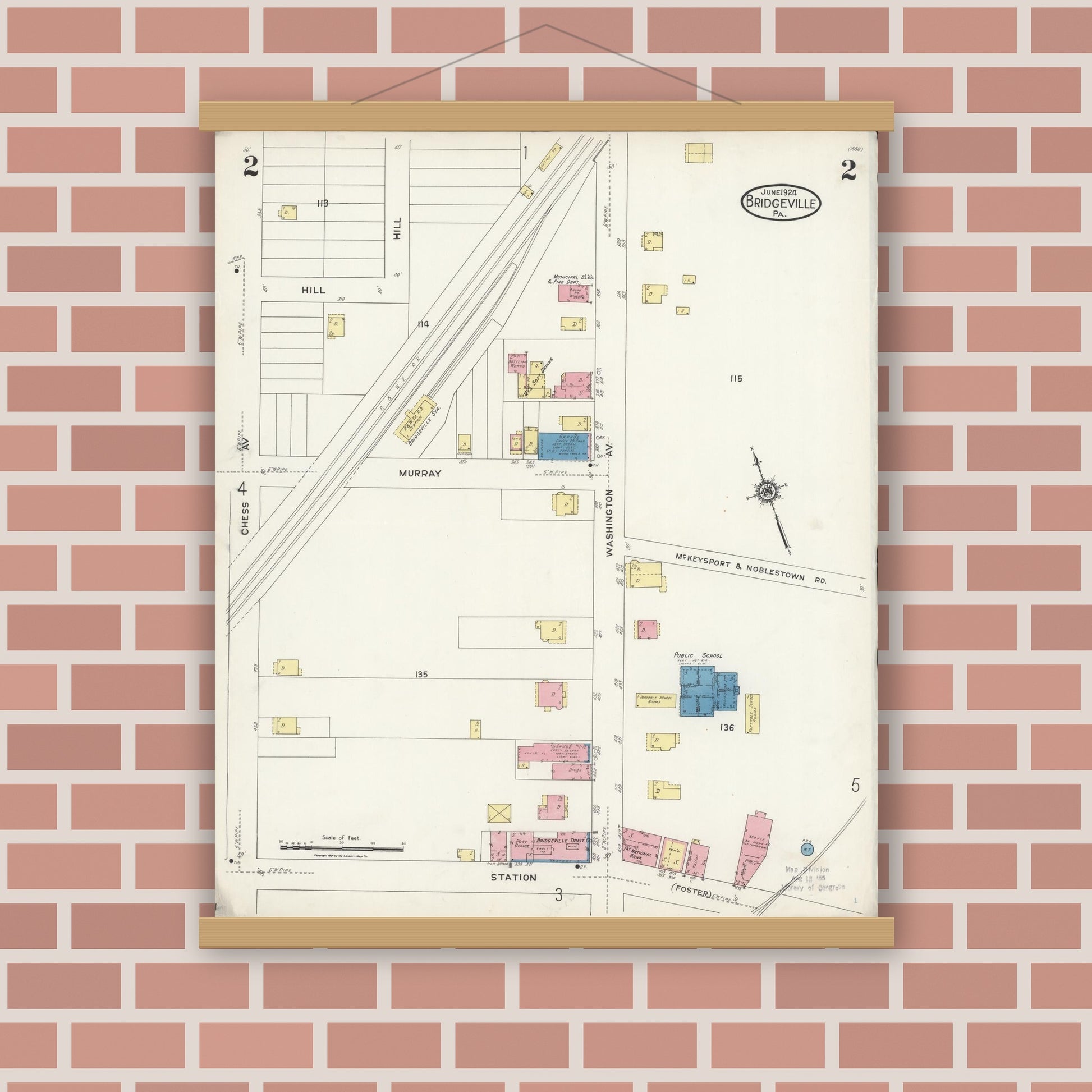 Old map wall art mockup — magnetic wood frame on brick wall — Sanborn Fire Insurance Map from Bridgeville, Allegheny County, Pennsylvania (1924), Sheet #0002