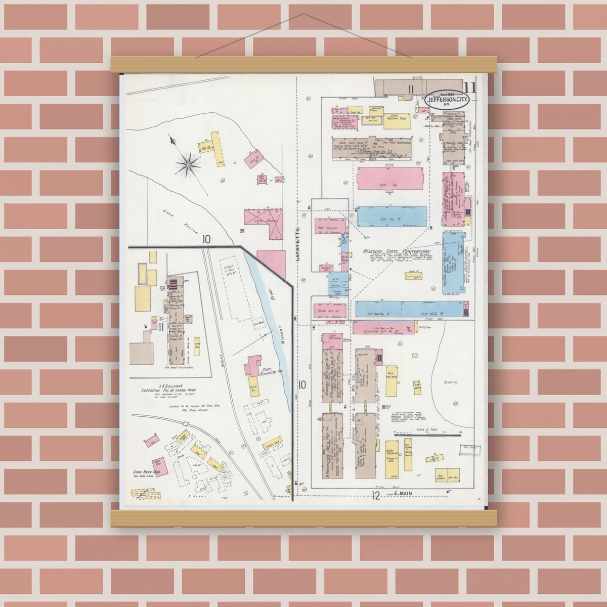 Old map wall art mockup — magnetic wood frame on brick wall — Sanborn Fire Insurance Map from Jefferson City, Cole County, Missouri (1898), Sheet #0011