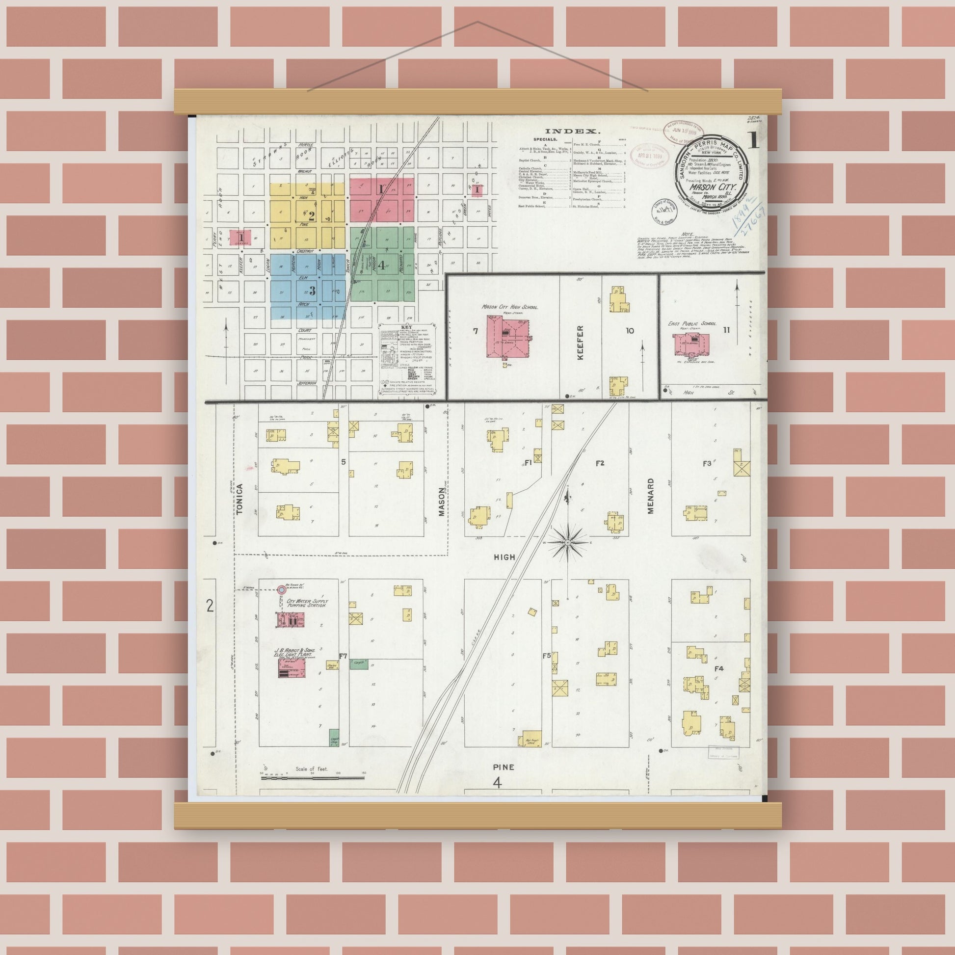 Old map wall art mockup — magnetic wood frame on brick wall — Sanborn Fire Insurance Map from Mason City, Mason County, Illinois (1899), Sheet #0001