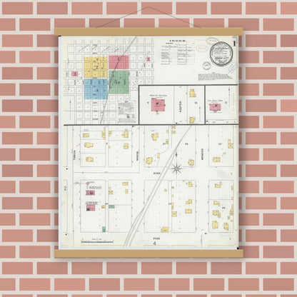 Old map wall art mockup — magnetic wood frame on brick wall — Sanborn Fire Insurance Map from Mason City, Mason County, Illinois (1899), Sheet #0001