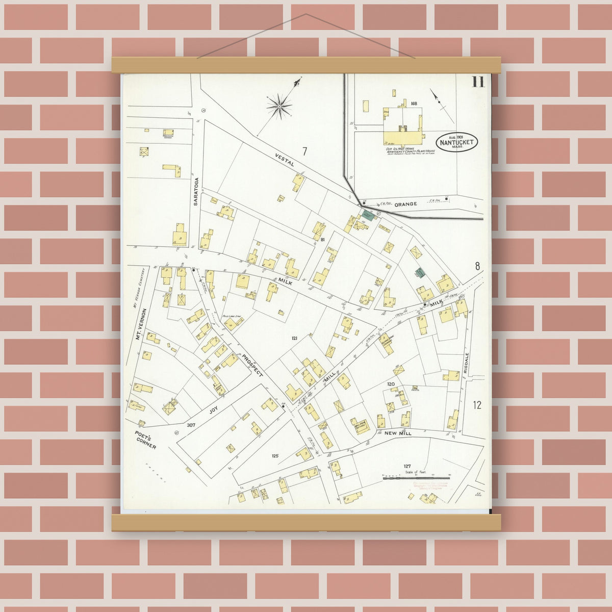 Old map wall art mockup — magnetic wood frame on brick wall — Sanborn Fire Insurance Map from Nantucket, Nantucket County, Massachusetts (1909), Sheet #0011
